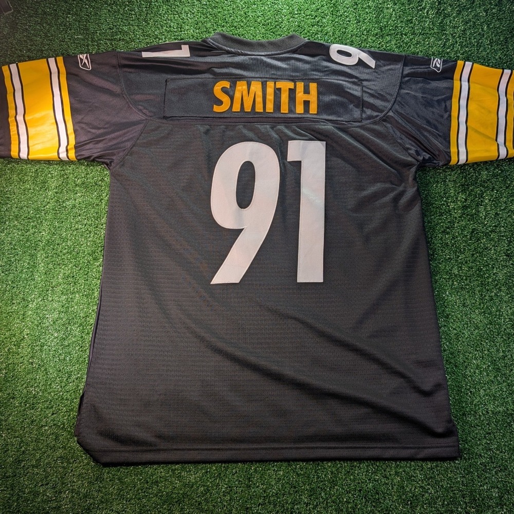 Reebok NFL Pittsburgh Steelers Aaron Smith 91 Jersey Black Mens Large +2 Length